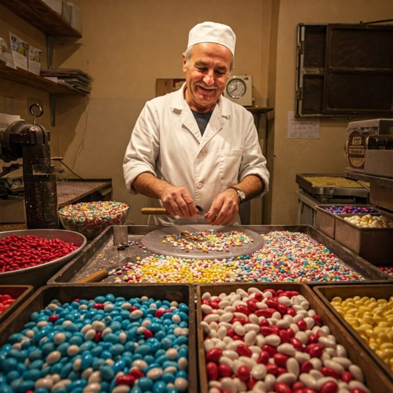 a man in a white coat and hat standing in front of a variety of confetti in Sulmona, Abruzzo, Italy