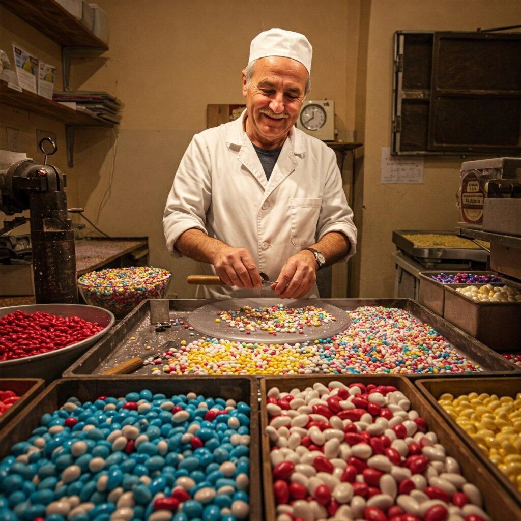 a man in a white coat and hat standing in front of a variety of confetti in Sulmona, Abruzzo, Italy