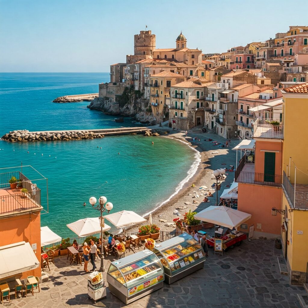 Colorful seafront view of Pizzo Calabro, Calabria with historic buildings and beach